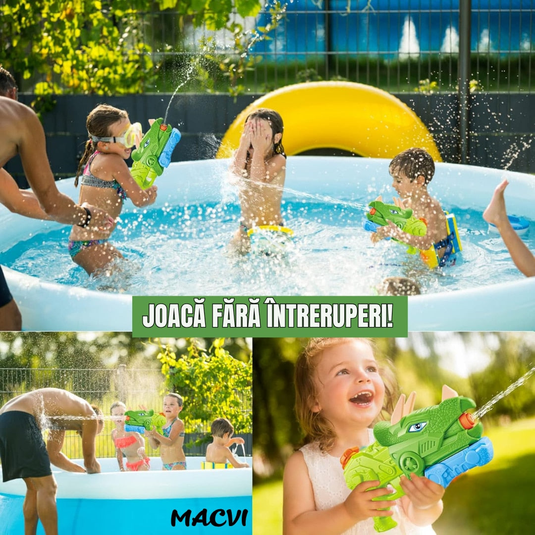 Pistol cu apa Macvi® dinozaur, rezervor 1330 ml, 35 cm, 3 duze, raza actiune 8 m, PVC rezistent, durabil, +6 ani, verde moss
