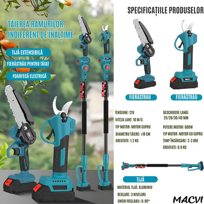 Set Macvi® Foarfeca Electrica si Drujba cu Brat Extensibil, Taiere Rapida si Usoara la Inaltime, Acumulator Inclus