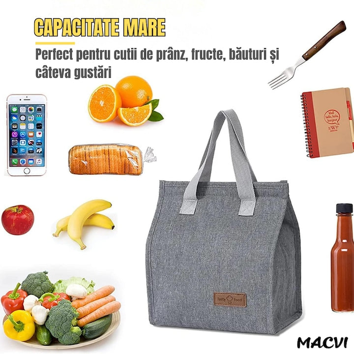 Geanta termoizolanta Macvi® multifunctionala, pentru birou, picnic sau camping, 22.5x13x25.5 cm, material premium, design gri