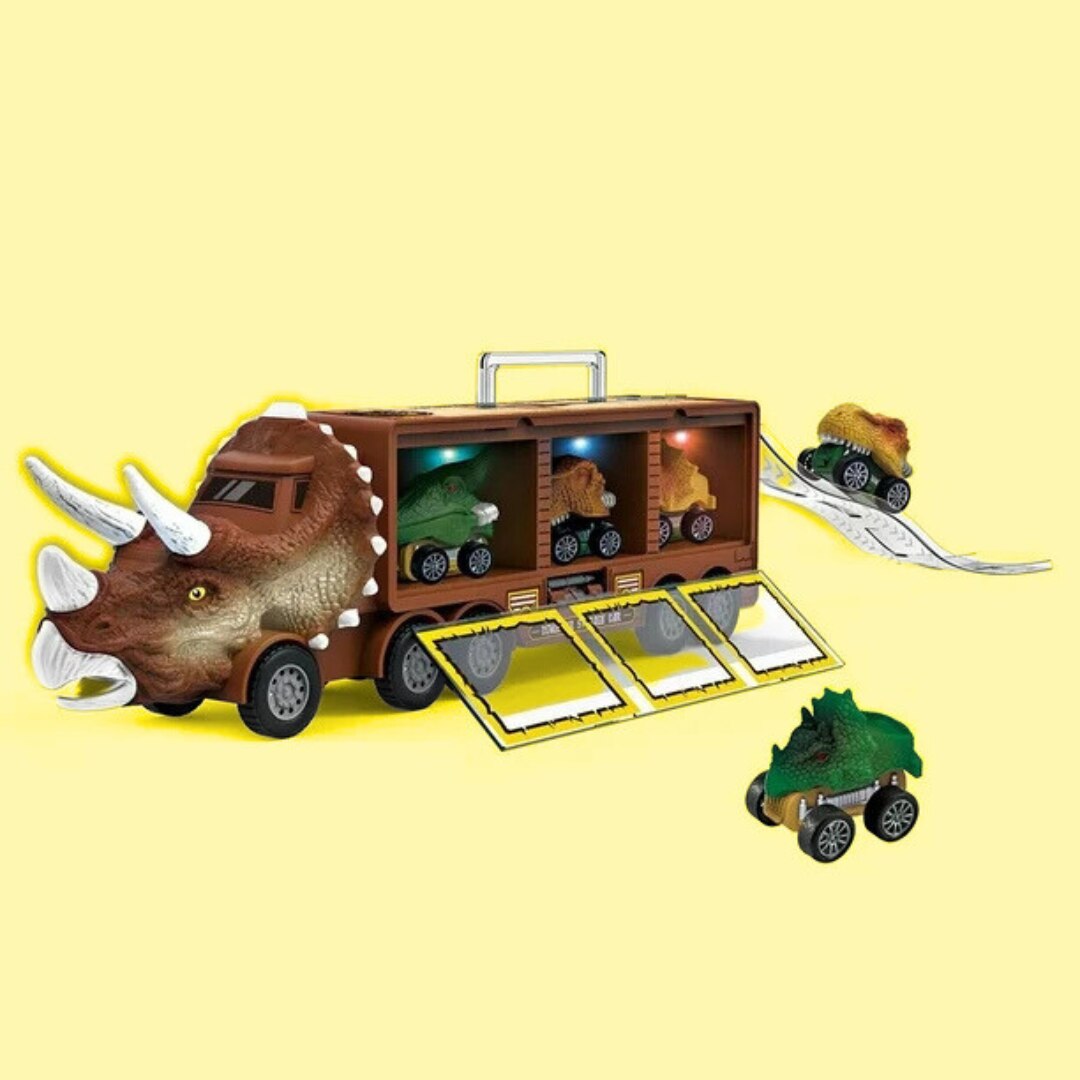 Camion Dinozaur Interactiv Macvi® cu Lumini si Sunete, 3 Vehicule Detasabile, Rampa de Lansare si Accesorii Preistorice, Jucarie Educativa pentru Copii 3+