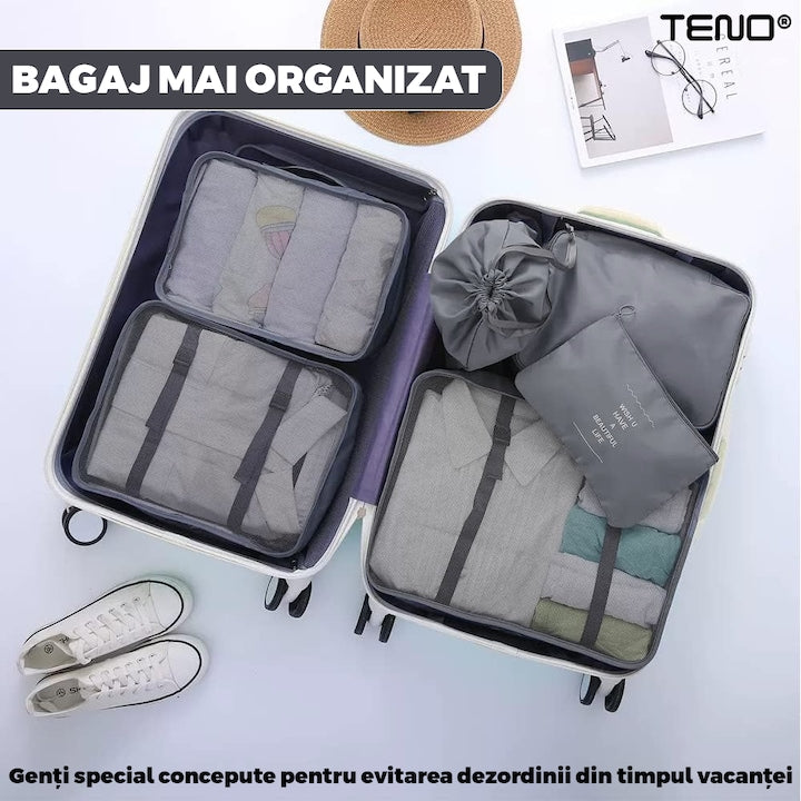 Set 8 Organizatoare Teno®, pentru calatorie, diferite marimi, 3 genti cu plasa, 1 geanta pentru lenjerie, geanta pentru cosmetice, sac pentru hainele murdare, inchidere cu fermoar dublu, plasa, gri
