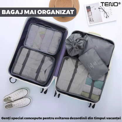 Set 8 Organizatoare Teno®, pentru calatorie, diferite marimi, 3 genti cu plasa, 1 geanta pentru lenjerie, geanta pentru cosmetice, sac pentru hainele murdare, inchidere cu fermoar dublu, plasa, gri
