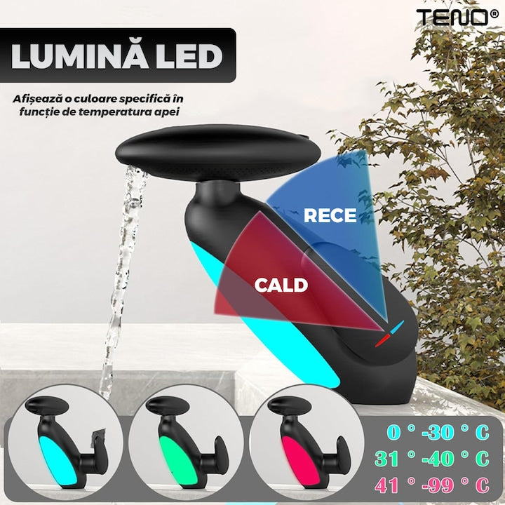 Baterie Chiuveta Baie Premium Teno®, 4 tipuri de jet, iluminare LED, cartus ceramic, cap retractabil, rezistenta la rugina si coroziune, accesorii incluse, negru