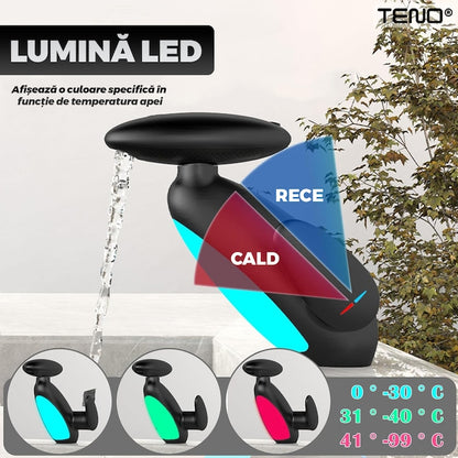 Baterie Chiuveta Baie Premium Teno®, 4 tipuri de jet, iluminare LED, cartus ceramic, cap retractabil, rezistenta la rugina si coroziune, accesorii incluse, negru