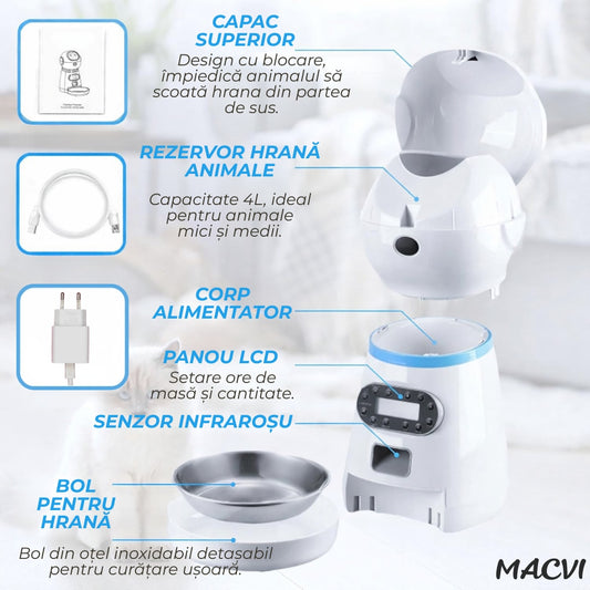 Hranitor automat Macvi® pentru caini si pisici, rezervor 3.5L, functionare cu baterii sau priza, functie smart si programare, sunet hranire, distribuitor mancare uscata, usor de curatat