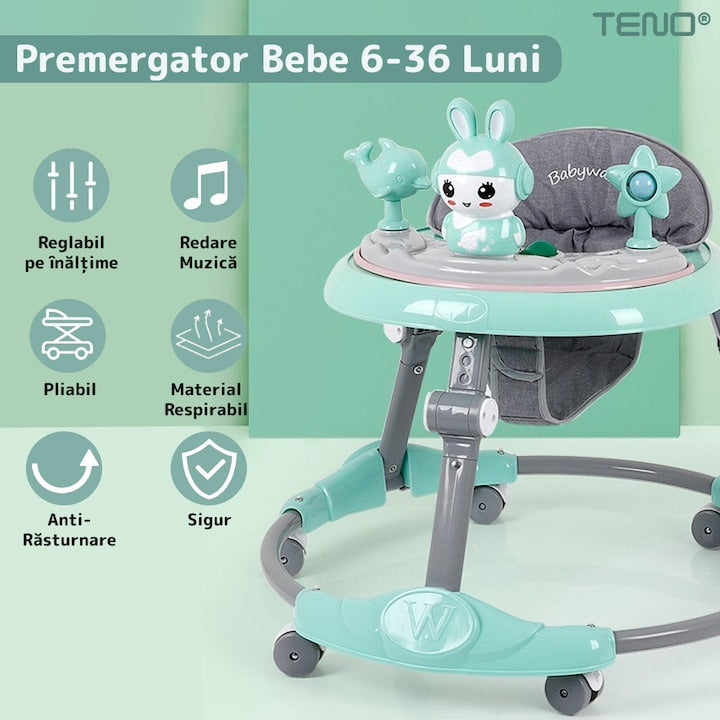 Premergator Multifunctional pentru Bebelusi Teno®, tava cu 3 jucarii, muzica, reglabil, pliabil, greutate max 20kg, 6-36 luni, verde