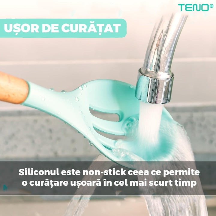 Set Ustensile Bucatarie 12 Piese Silicon Alimentar Teno®, termorezistente, antiaderente, sigure, suport inclus, turcoaz