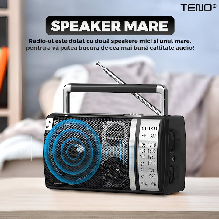 Radio Portabil Teno®, FM/AM, mod dual de alimentare, baterii/la priza, receptie ridicata ce prinde posturi regionale/la sate, port jack 3.5 mm, negru