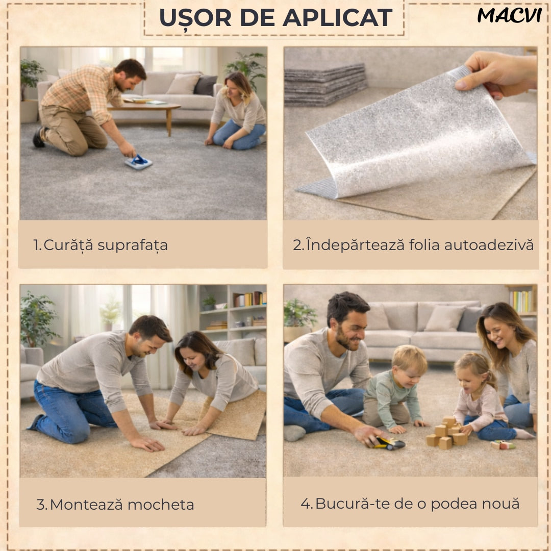 Mocheta scari Macvi® dale autoadezive 60x60 cm, 1 buc. mocheta textila, ajustabila, montaj rapid fara unelte, curatare usoara, potrivita pentru scari, camera copiilor, dressing, aplicare rapida