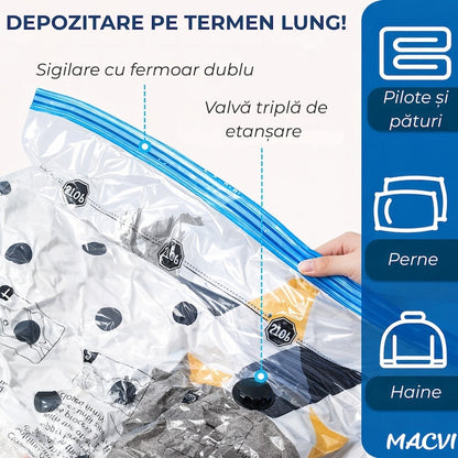 Set 12 saci vidat Macvi® cu compresie prin vacuum, reutilizabili, 40×60 cm, 50×70 cm, 60×80 cm, 80×100 cm
