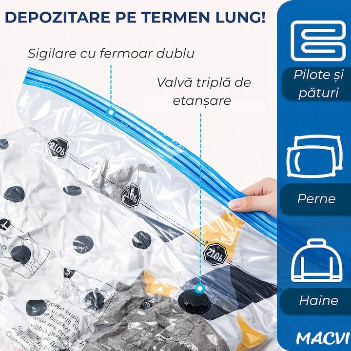 Set 11 Piese Saci de Vidat Macvi®, 10 Saci Vacuum Reutilizabili + Pompa Manuala, 40×60 cm, 50×70 cm, 60×80 cm, 80×100 cm, Economisire Spatiu pana la 80%