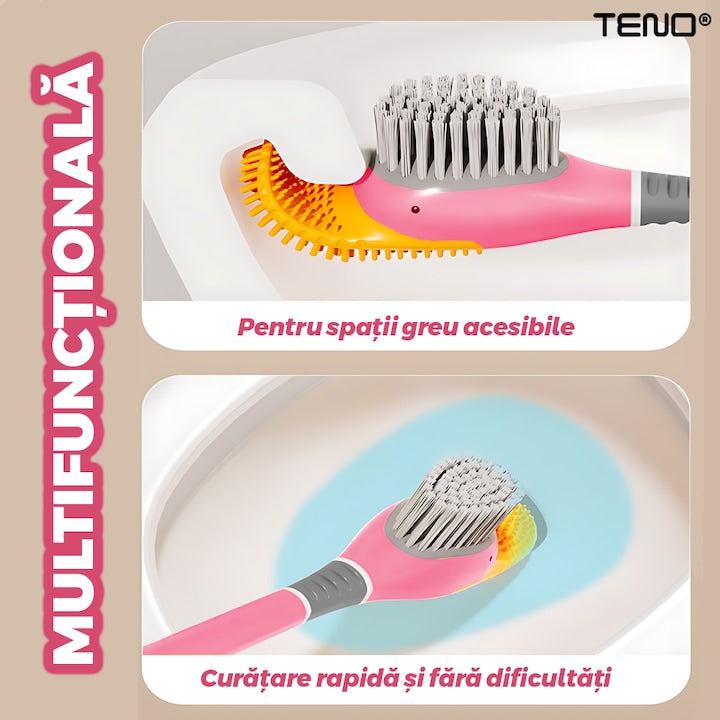 Perie pentru Toaleta Ratusca Teno®, din silicon, model adorabil, carcasa ou, suport adeziv montabil pe orice suprafata, 2 capete, capat cioc din silicon, capat cu peri pentru pete, roz