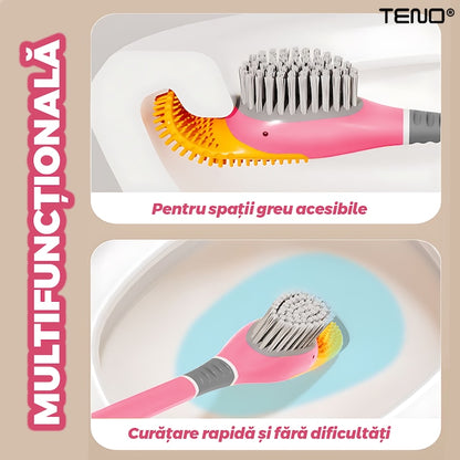 Perie pentru Toaleta Ratusca Teno®, din silicon, model adorabil, carcasa ou, suport adeziv montabil pe orice suprafata, 2 capete, capat cioc din silicon, capat cu peri pentru pete, roz