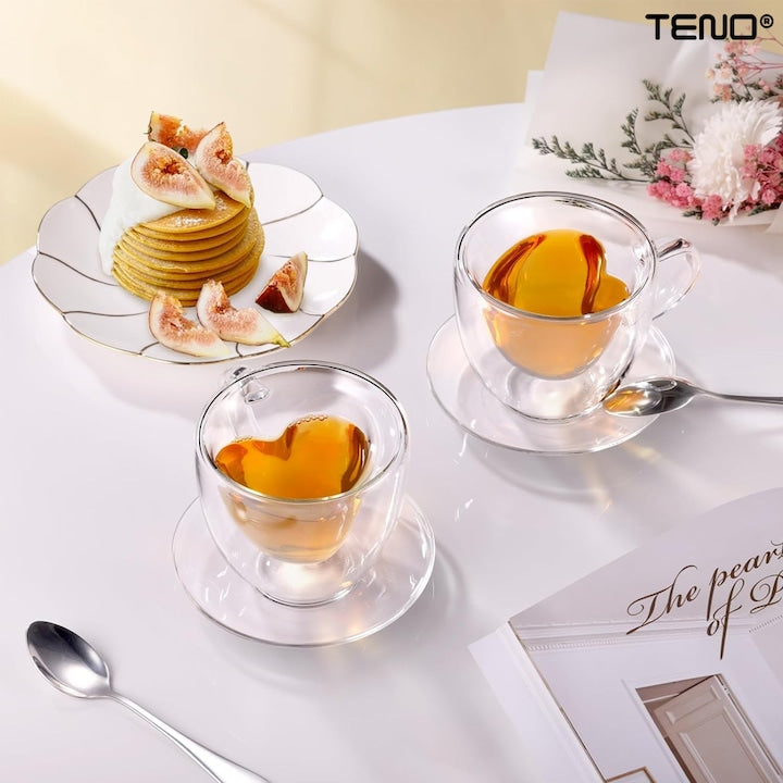 Set 2 Cani de Sticla cu Perete Dublu Teno®, model inimioara, design modern, termorezistente, capacitate 250 ml, 9 x 8 cm