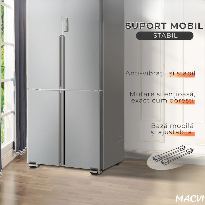 Dispozitiv Cu Roti Macvi® pentru Mutare Frigider si Electrocasnice, Suport Mobil Extensibil din Metal 45-70 cm, Roti Duble Rezistente, Sistem Anti-alunecare