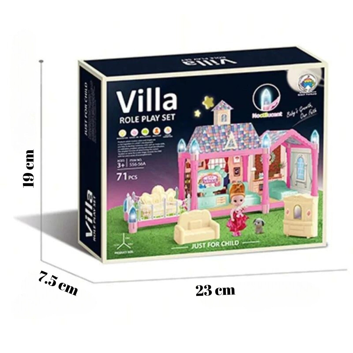 Casuta de asamblat luminoasa Macvi®, 71 piese, mobilier si accesorii detasabile, functie de iluminare, plastic ABS durabil, multicolor, cadou pentru copii 3+