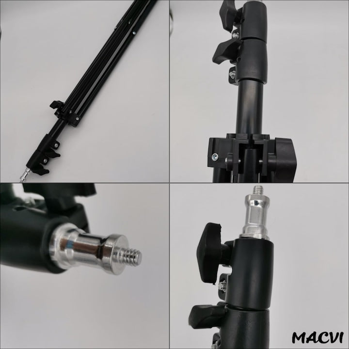 Trepied reglabil 2m Macvi® pentru camera foto, video, telefon si lampa circulara, suport profesional din aluminiu, prindere 1/4", ideal pentru vlogging, fotografie si live streaming