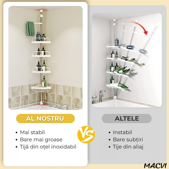 Etajera Extensibila Macvi® pentru Baie, 4 Polite si Umeras, Tip Coltar, 3 Carlige, 100-260 cm, Alb