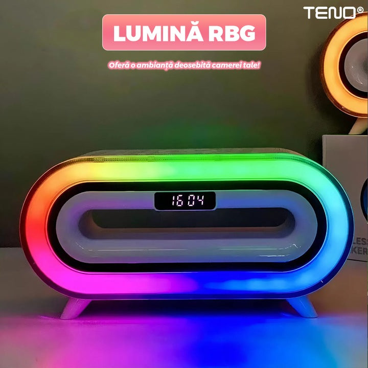Boxa Multifunctionala 3 in 1 Teno®, lampa LED RGB, incarcator de gadgeturi wireless, functie de radio, 4 porturi integrate, design modern, alb