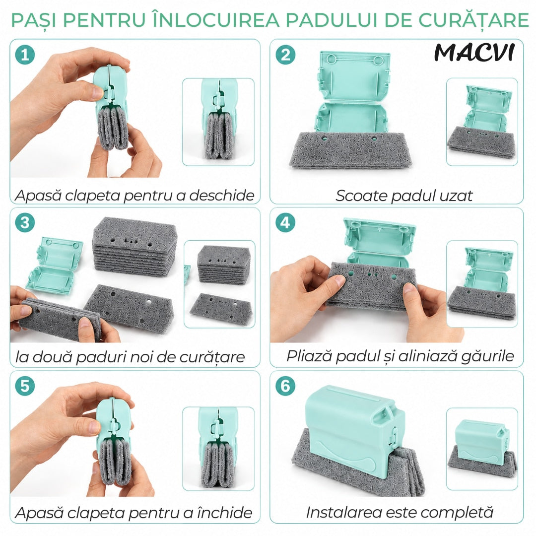 Set Curatare Geamuri Macvi® 3 Dispozitive Profesionale pentru Termopan Colturi Sina Ferestre cu 2 Mini Perii 3 Lavete Rezerva