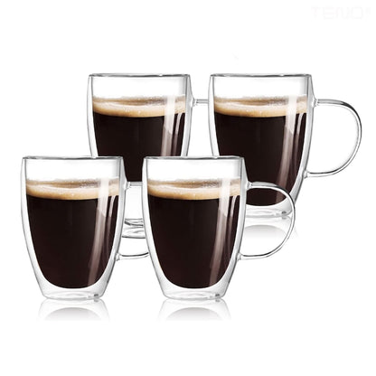 Set 4 Cani de Sticla cu Perete Dublu Teno®, model rotund, design modern, termorezistente, capacitate 350 ml, 12 x 9 cm