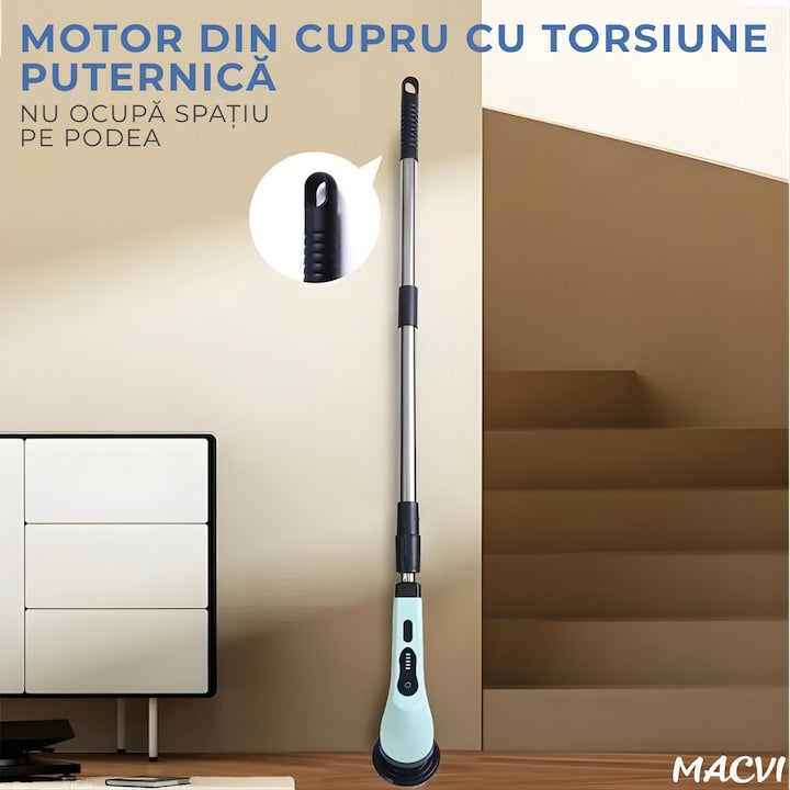 Perie electrica rotativa Macvi® 9 in 1 cu 9 capete interschimbabile, 2 viteze reglabile, wireless, IPX7, maner extensibil, autonomie mare, LED