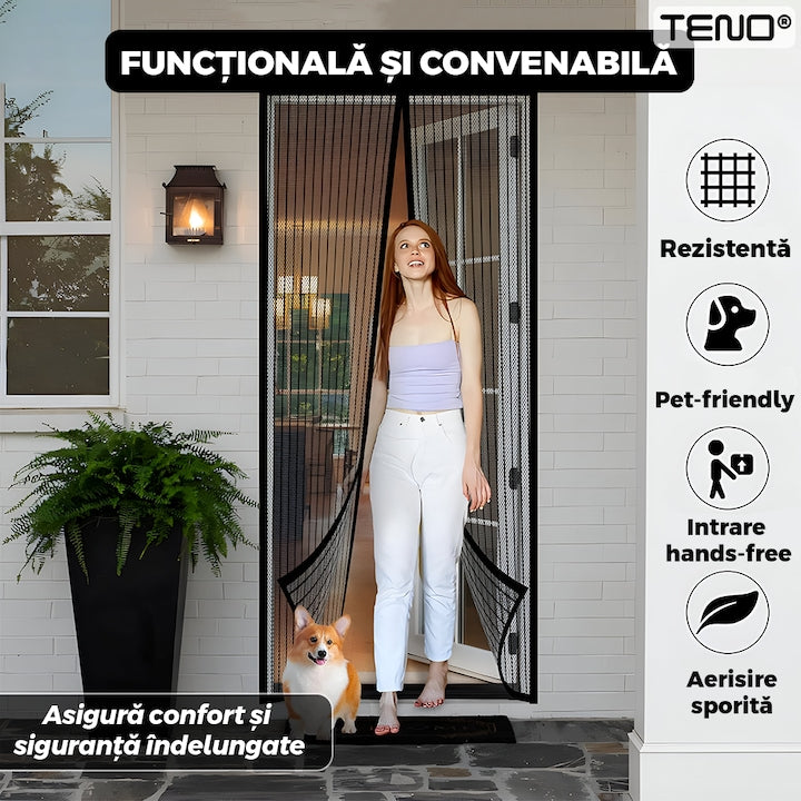 Plasa pentru Usa cu Inchidere Magnetica Teno®, anti-insecte, tanrari, muste, paianjeni, montare velcro, materiale calitative, rezistenta, 185x104 cm, negru