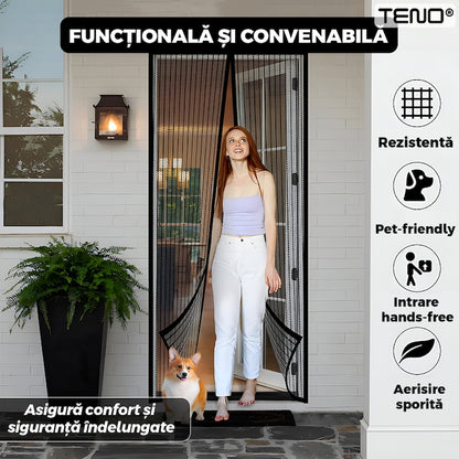 Plasa pentru Usa cu Inchidere Magnetica Teno®, anti-insecte, tanrari, muste, paianjeni, montare velcro, materiale calitative, rezistenta, 185x104 cm, negru