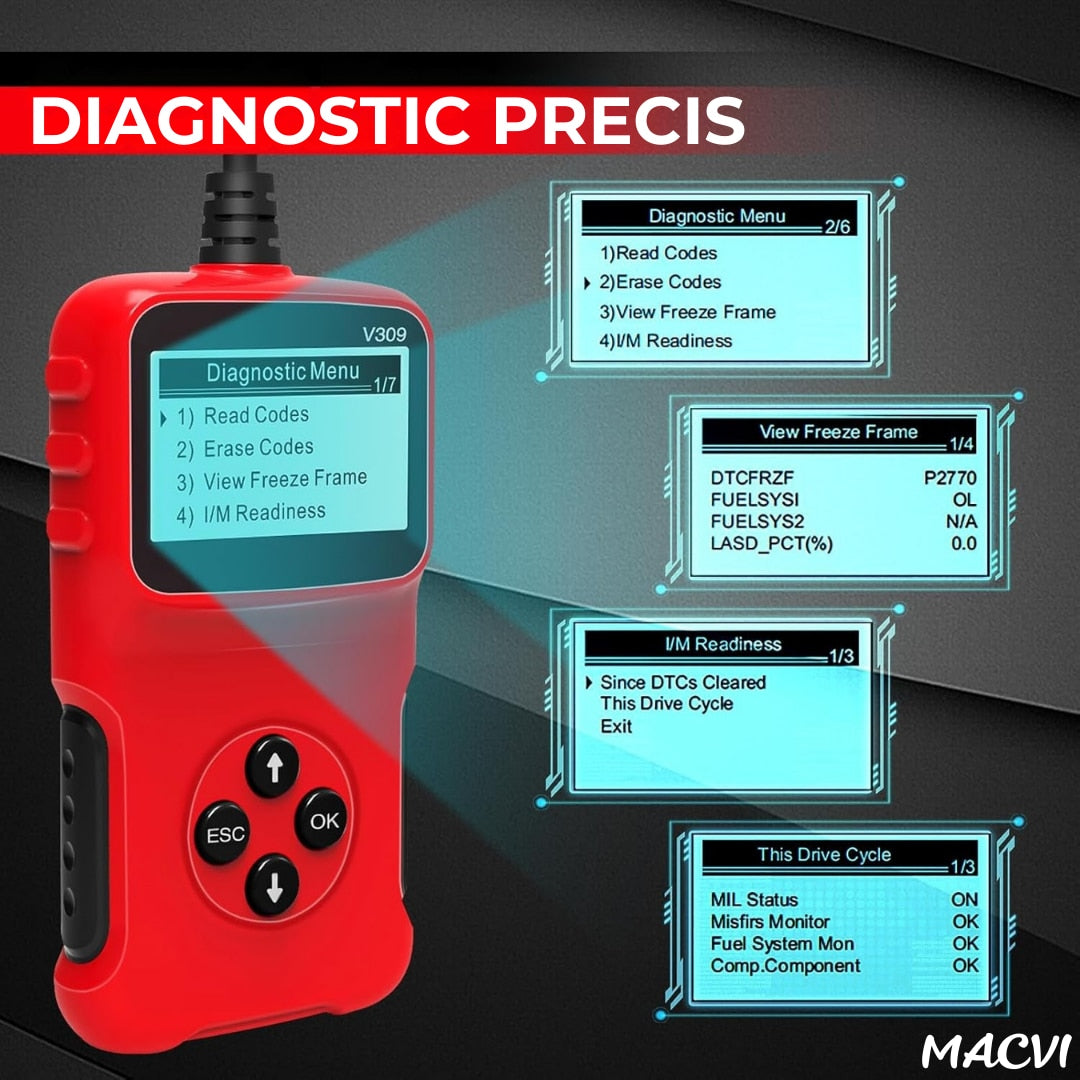 Tester auto MACVI OBD2 V309, citire/sterere coduri DTC, ecran LCD mare, plug and play