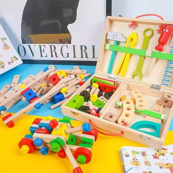 Trusa Unelte din Lemn Macvi® Montessori pentru Copii, Joc Educativ de Bricolaj si Asamblare 3 +