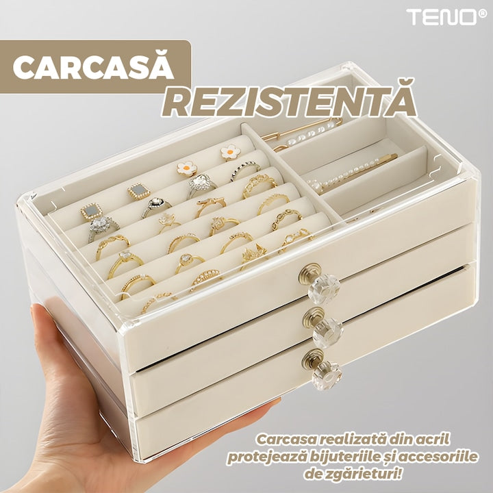 Cutie bijuterii Teno, 3 sertare detasabile, carcasa transparenta, bej, 23.5x13.5x10.5cm
