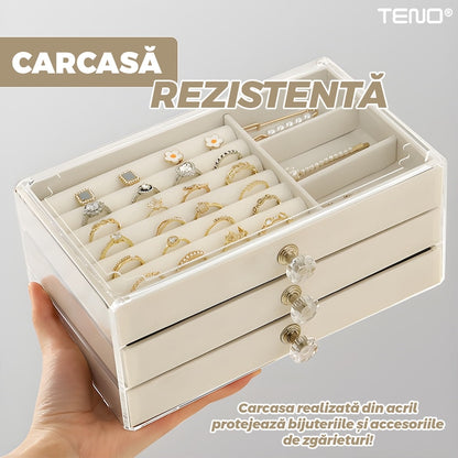 Cutie bijuterii Teno, 3 sertare detasabile, carcasa transparenta, bej, 23.5x13.5x10.5cm