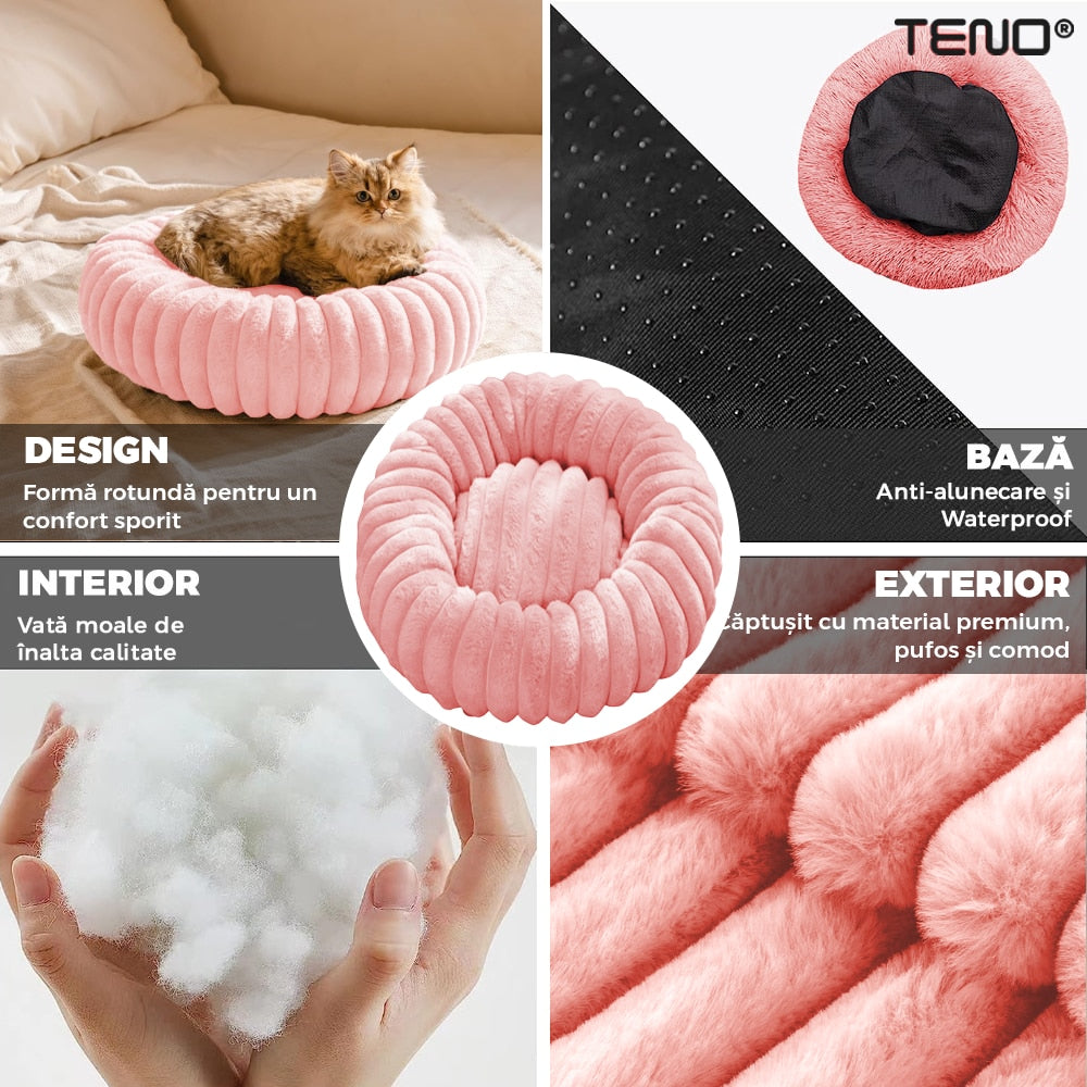 Pat pentru animale Teno, moale, roz, 40cm diametru, cu baza anti-alunecare