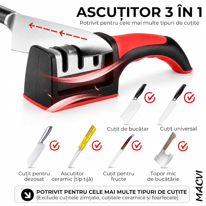 Ascutitor Manual Cutite Macvi® 3 in 1, 3 Etape de Ascutire, Otel Inoxidabil + Ceramica, Cap Detasabil, Maner Ergonomic, Baza Antiderapanta, ABS, 21.3 x 5.8 x 4.8 cm, Negru/Rosu