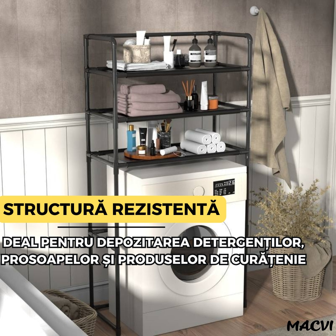 Raft modular Macvi® cu 3 polite pentru deasupra masinii de spalat, 63.5 x 30 x 154 cm, suport depozitare spatiu redus, Alb