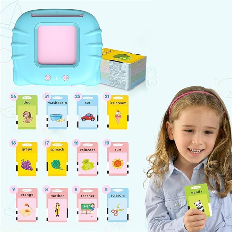 Jucarie educativa Montessori Macvi® masina de invatare limba engleza cu cititor carduri flash 112 carduri 224 cuvinte sunete interactive incarcare MicroUSB albastru 2 ani+