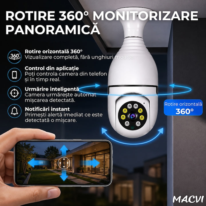 Camera de Supraveghere WiFi Macvi® Tip Bec E27, PTZ 360°, Full HD 1080P, 2MP, Vedere Nocturna Color, Detectare Miscare si Sunet, Audio Bidirectional, iCSee, Slot Card MicroSD 128GB, Alb