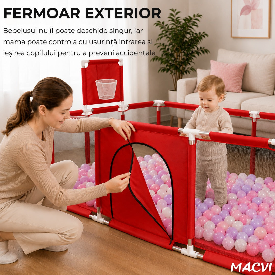 Tarc pentru copii Macvi® 100 bile incluse, gard de siguranta, 6 luni - 6 ani, 190x129x66 cm, usor de montat, otel inoxidabil, rosu