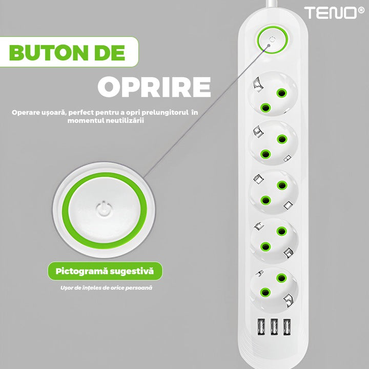 Prelungitor Teno®, 5 prize, 3 porturi USB, intrerupator, suport de agatare incorporat, rezistent la temperaturi inalte, universal, lungime 3 metri, alb