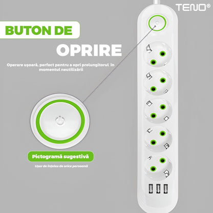 Prelungitor Teno®, 5 prize, 3 porturi USB, intrerupator, suport de agatare incorporat, rezistent la temperaturi inalte, universal, lungime 3 metri, alb