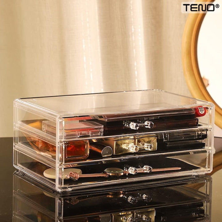 Organizator Cutie Depozitare pentru Produse Cosmetice Teno®, bijuterii si alte obiecte, 3 sertare, oglinda incorporata, piese detasabile, transparenti, 24 x 35 cm