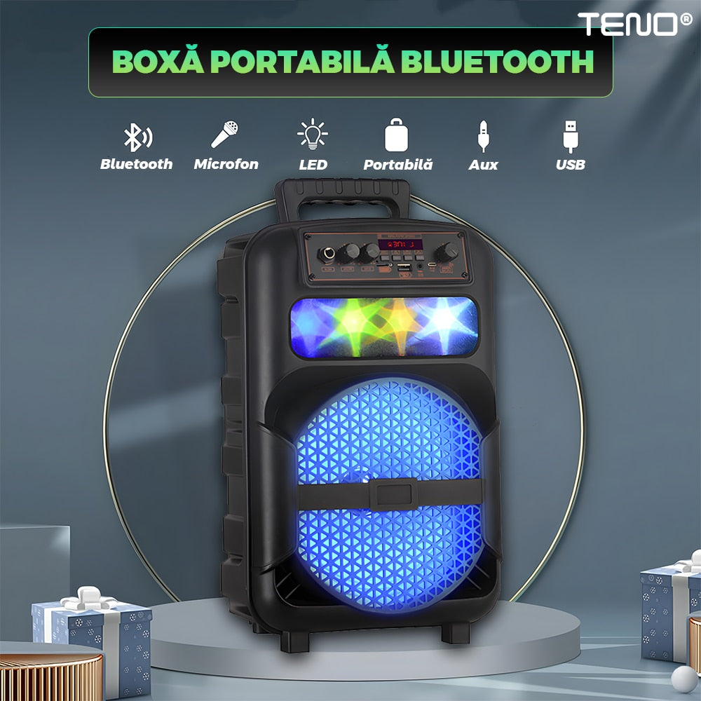 Boxa Portabila, Teno, microfon inclus, lumini LED, negru, set complet, 1200 W
