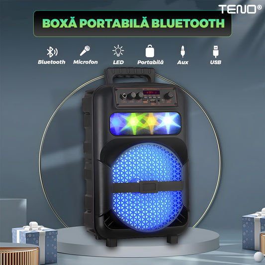 Boxa Portabila, Teno, microfon inclus, lumini LED, negru, set complet, 1200 W