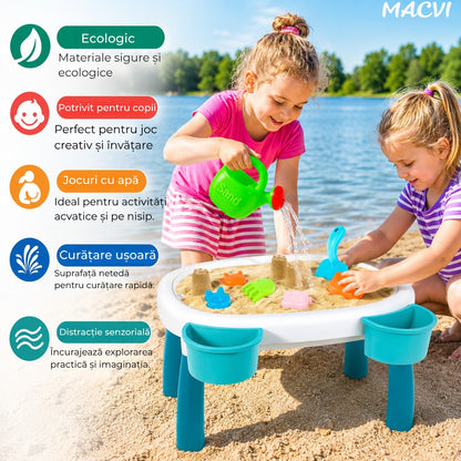 Masuta Joaca Nisip si Apa Macvi® pentru Copii cu Accesorii Masa Activitati Exterior Educativa Senzoriala