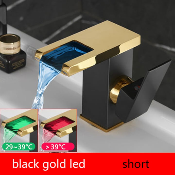 Robinet baie Macvi® LED tip cascada Negru-Auriu, premium jet RGB cu iluminare in functie de temperatura constructie din alama