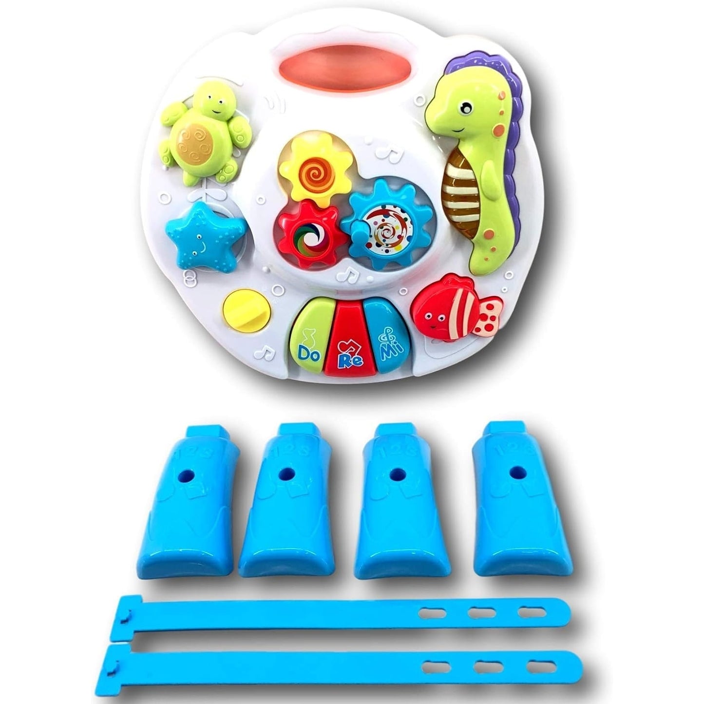 Masa de activitati muzicale 2in1 Macvi®, pentru bebelusi, cu pian, lumini si sunete, detasabila, prindere pentru patut, alb-albastru