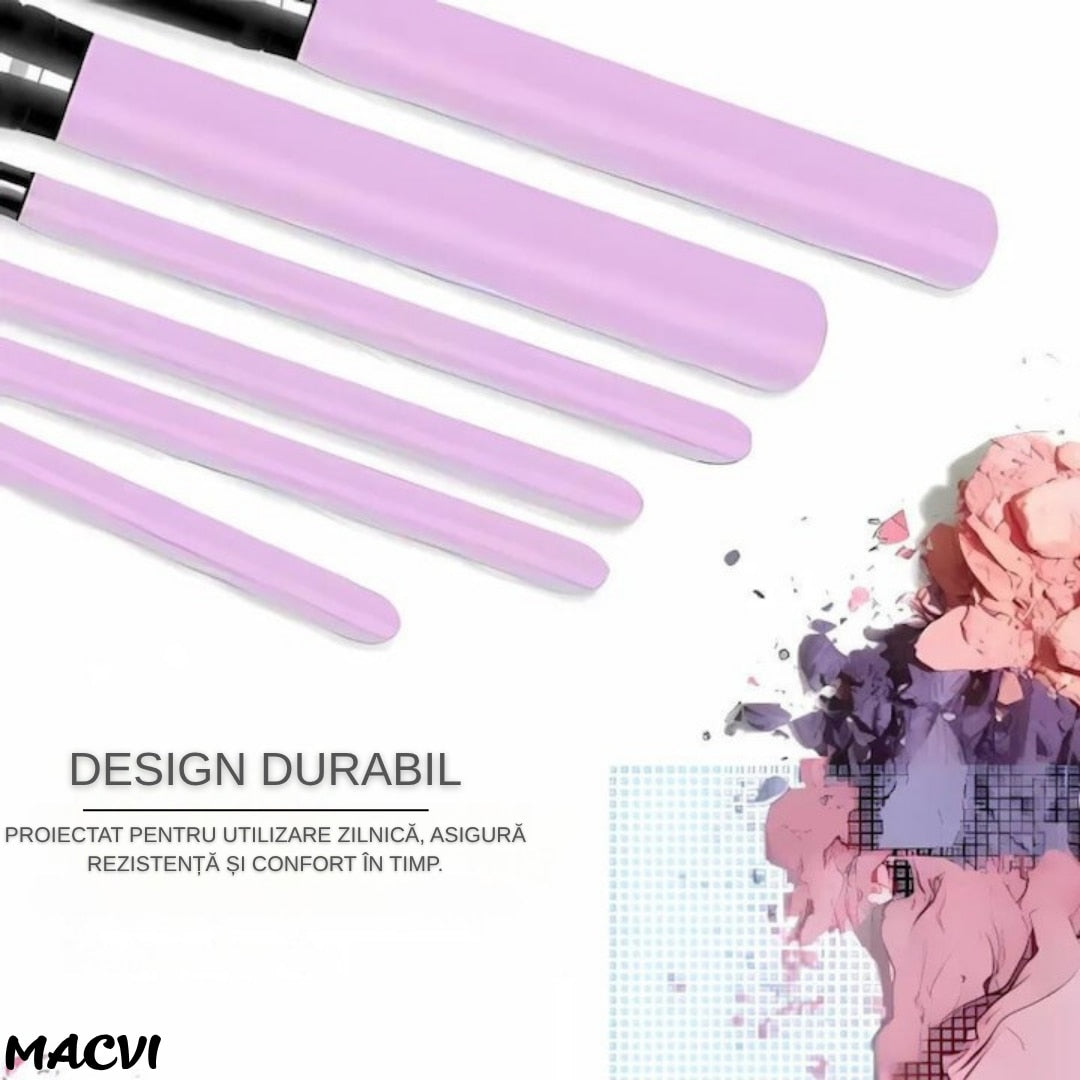 Set Macvi® 12 Pensule Machiaj cu Cutie pentru Depozitare, Design Modern Roz, Peri Sintetici de Inalta Calitate, Ideal pentru Machiaj Profesional si de Zi cu Zi