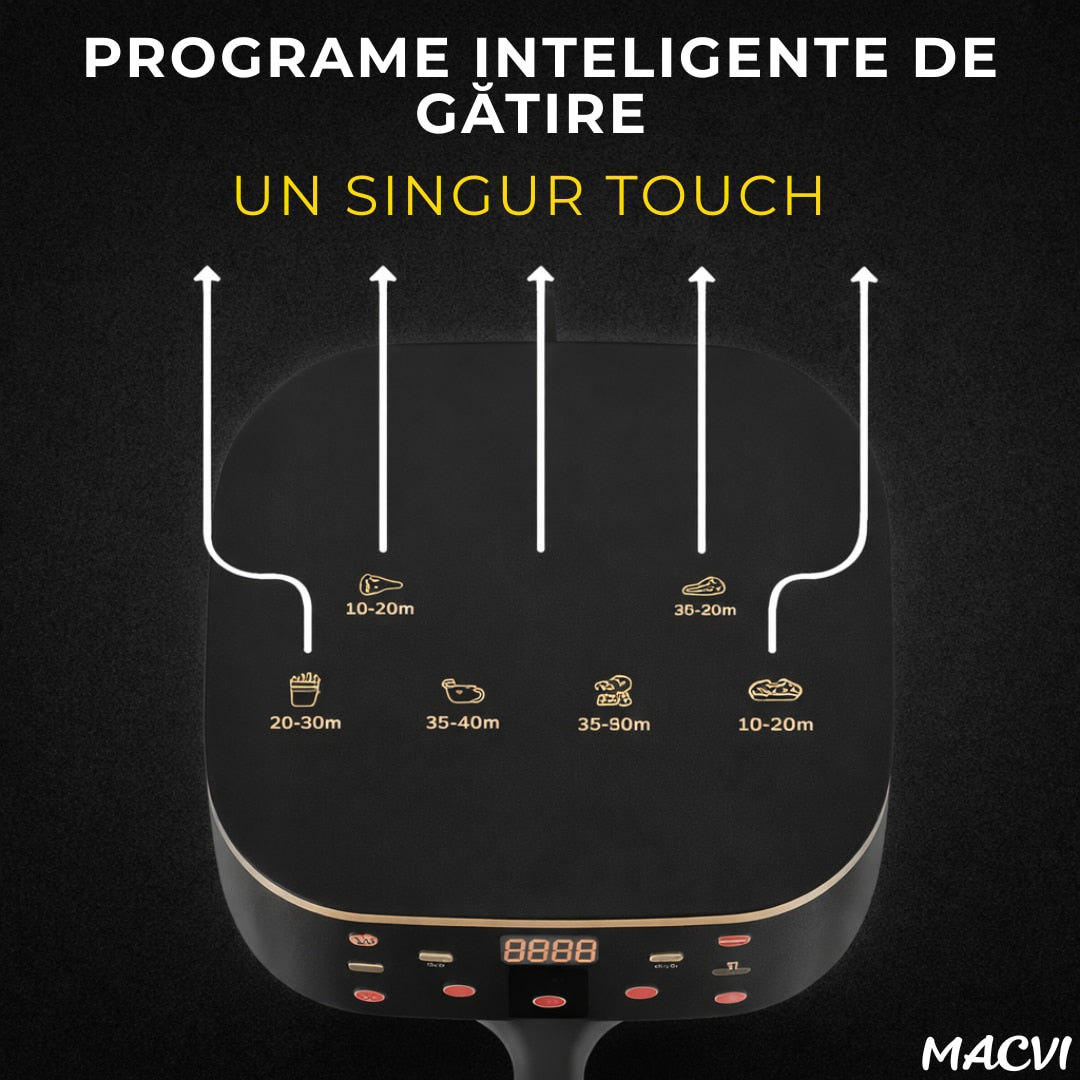 Friteuza aer Macvi® cu aer cald 12L 2400W, fereastra transparenta, panou digital touch, 8 programe presetate, control temperatura 80-200°C, timer 0-60 min, gatire fara ulei, functie 3D, aer circulant