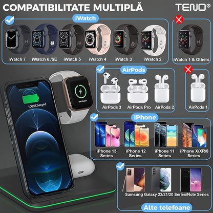 Incarcator Wireless Teno®, Statie de Incarcare 3in1, LED indicator inteligent, Fast Charge, incarcare rapida, compatibilitate universala, negru