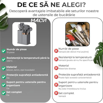 Set Ustensile Bucatarie Macvi® 19 Piese Silicon Termorezistent si Bambus, Cutite Inox, Suport Organizator Compact, Design Gri Elegant